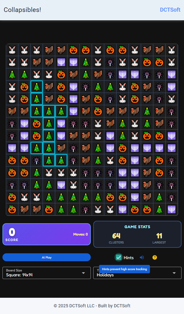 Collapsibles game board showing colorful fruit emoji clusters